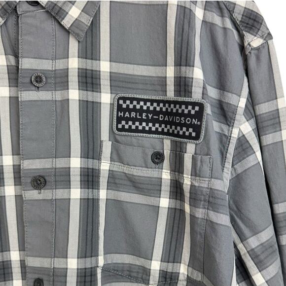 Harley Davidson 100% Cotton Gray Plaid Logo Patch Long Sleeve Button Up Shirt - Picture 4 of 9